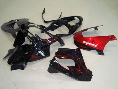 Best 2000-2001 Kawasaki ZX9R Motorcycle Fairing - Glossy Black Red Flame UK