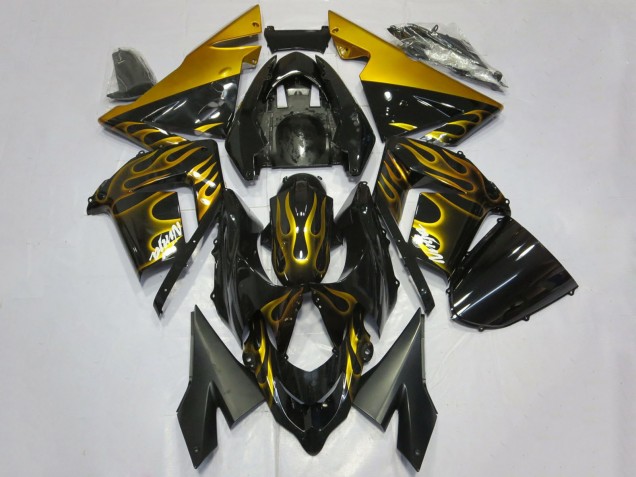 2004-2005 Kawasaki ZX10R Motorcycle Fairings - Glossy Black Gold Flame UK