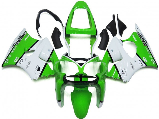 2000-2002 Kawasaki ZX6R Motorcycle Fairings - White Green Black Bridgestone Silkolene UK