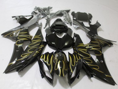 Best 2008-2016 Yamaha R6 Motorcycle Fairings - Glossy Black Gold Flame UK