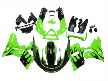 Best 1998-2003 Kawasaki ZZR600 Motorcycle Fairings - Green Glossy Black Flame UK
