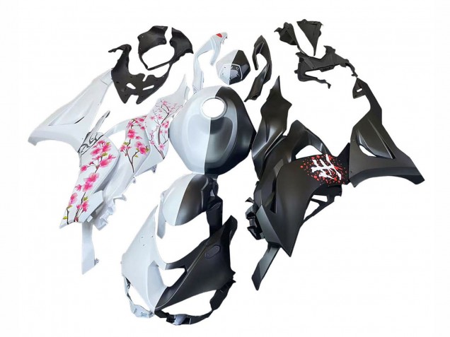 2023-2026 Kawasaki ZX6R Motorcycle Fairings - Black White with Flower UK