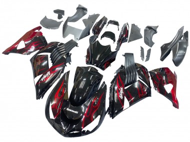 Best 2006-2011 Kawasaki ZX14R ZZR1400 Motorcycle Fairing Kits - Glossy Black Red Flame UK