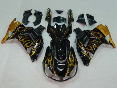 Best 2006-2011 Kawasaki ZX14R ZZR1400 Motorcycle Fairings - Glossy Black Gold Flame UK
