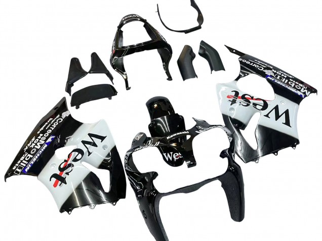 2000-2002 Kawasaki ZX6R Motorcycle Fairings - Glossy Black White West Michelin UK