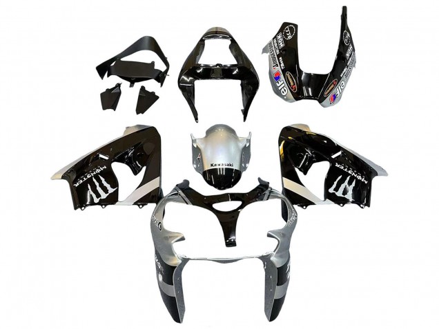 2002-2003 Kawasaki ZX9R Motorcycle Fairings - Silver Glossy Black Monster Elf UK