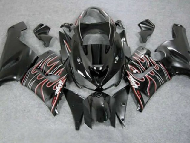 2005-2006 Kawasaki ZX6R Motorcycle Fairings - Glossy Black Red White Flame UK