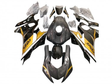Best 2017-2023 Yamaha YZF R6 Motorcycle Fairings - Gold White Black Faux Carbon Fiber UK