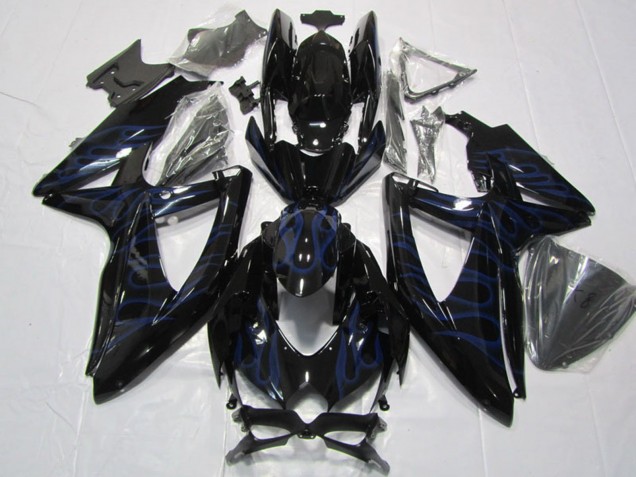 2008-2010 Suzuki GSXR 600 Motorcycle Fairings - Glossy Black Blue Flame UK