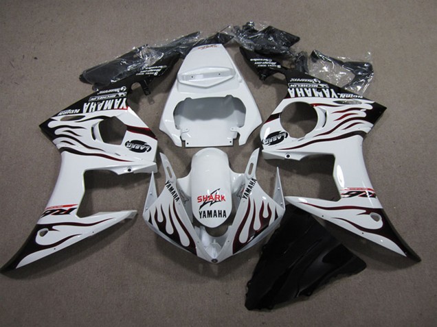 2003-2004 Yamaha YZF R6 Motorcycle Fairings - White Glossy Black Flame Shark UK