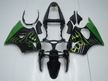 Black with Green Flame 2000-2002 Kawasaki ZX6R Motorcycle Fairings