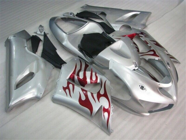 Silver Red Flames 2005-2006 Kawasaki ZX6R Motorcycle Fairings Silver Red Flames 2005-2006 Kawasaki ZX6R Motorcycle Fairings