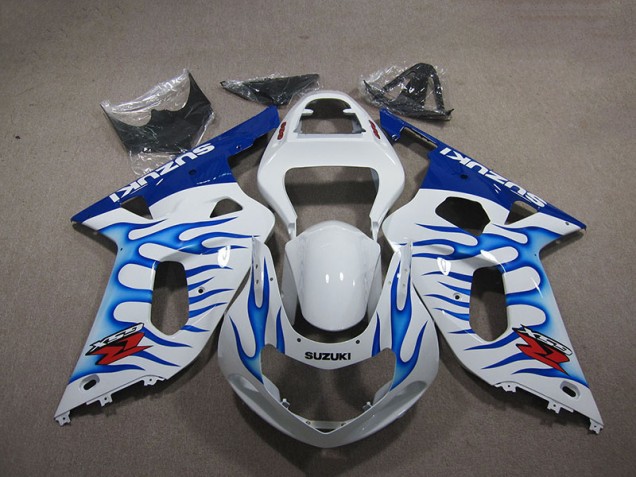 White Blue Flame 2001-2003 Suzuki GSXR 750 Motorcycle Fairings White Blue Flame 2001-2003 Suzuki GSXR 750 Motorcycle Fairings