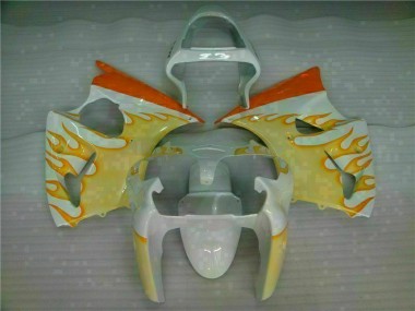 White Yellow Flame 2000-2002 Kawasaki ZX6R Motorcycle Fairings