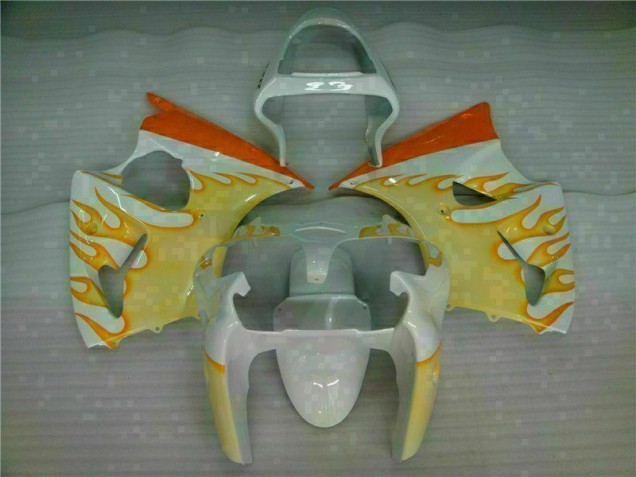 White Yellow Flame 2000-2002 Kawasaki ZX6R Motorcycle Fairings