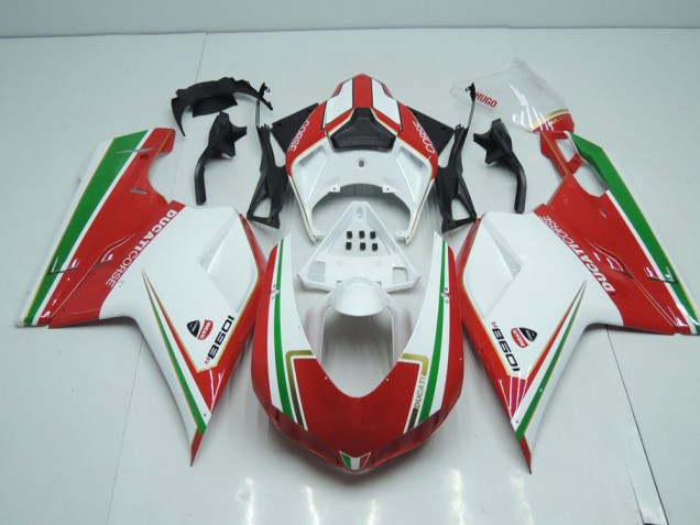 White and Red with Green Stripe 2007-2014 Ducati 848 1098 1198 Motorcycle Fairings White and Red with Green Stripe 2007-2014 Ducati 848 1098 1198 Motorcycle Fairings